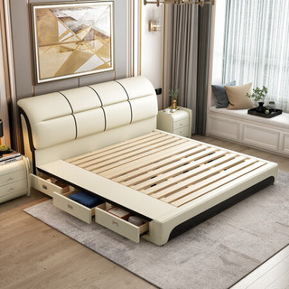 A家家具 皮床现代简约大床榻榻米主卧实木框架婚床双人1.5米1.8米软体床 DA01421.8米架子床+床垫+床头柜*2