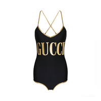 古驰 GUCCI 女士黑色混纺LOGO字母肩带连体泳衣 574126 XJA8Q 1082 XS