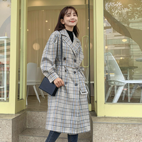 韩都衣舍 RE7050 宽松显瘦中长款格子风衣