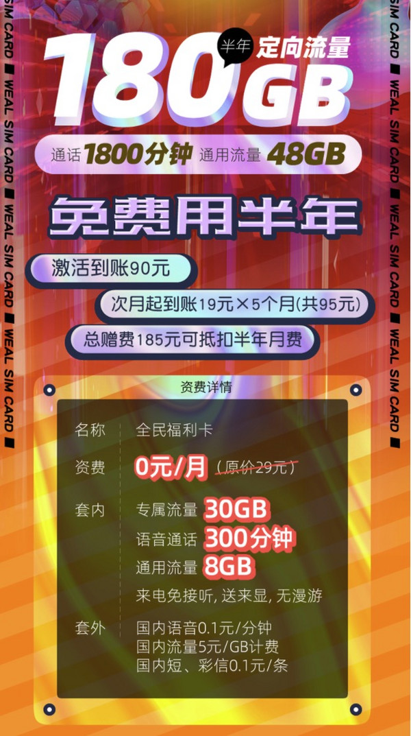 中国电信 全民福利卡（8G通用+30G定向+300分）