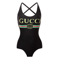 古驰 GUCCI 20春夏 女士黑色印花字母LOGO连体游泳衣501899 XJANM 1082 M码