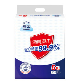 Hygienix 洁云 湿巾20片5包装酒精湿巾直供高效杀菌消毒便携含75%湿纸巾防疫