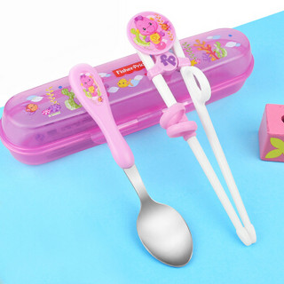 美国费雪 儿童吃饭练习筷子 宝宝餐具卡通辅食训练筷+不锈钢勺子盒套装 粉色 *5件