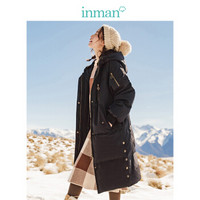 茵曼（INMAN）冬装新款加绒连帽长款过膝防风保暖加厚羽绒服外套女 18841|21170 黑色 XL