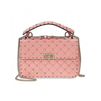 VALENTINO 华伦天奴 ROCKSTUD系列女士羊皮搭扣铆钉链式手提包B0122NAP-996 粉色中号