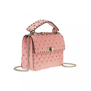 VALENTINO 华伦天奴 ROCKSTUD系列女士羊皮搭扣铆钉链式手提包B0122NAP-996 粉色中号