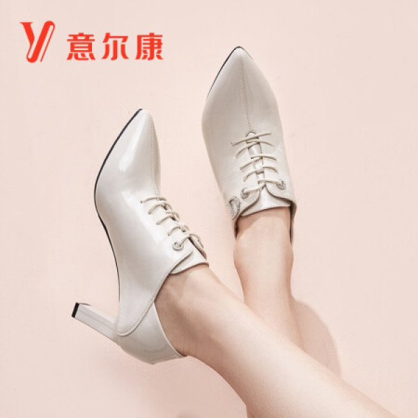 【yearcon/意尔康女士单鞋】意尔康女鞋粗跟尖头皮鞋女百搭时尚职业