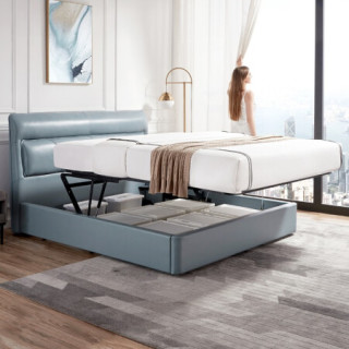 芝华仕爱蒙轻奢现代简约储物收纳气压皮床真皮床双人床c069灰蓝色储物