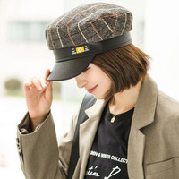 GLO-STORY贝雷帽 英伦复古条纹军帽韩版潮流时尚百搭遮阳网红鸭舌八角帽 WMZ034011 灰色