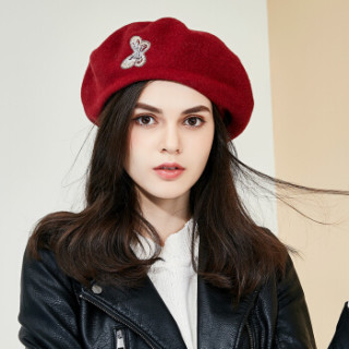 m0542贝雷帽女秋冬韩版潮时尚学院风百搭画家帽羊毛刺绣帽子 酒红色