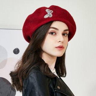 m0542贝雷帽女秋冬韩版潮时尚学院风百搭画家帽羊毛刺绣帽子 酒红色
