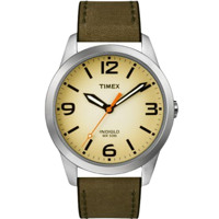 TIMEX 天美时 Weekender系列 T2N632 男士石英手表 36mm 米盘 绿色真皮带 圆形