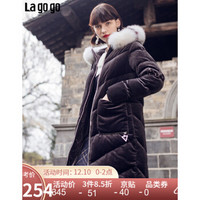 Lagogo/拉谷谷连帽毛领中长款羽绒服外套女HCYY33YA73 黑色(W1) 155/S/36 *3件