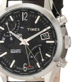 TIMEX 天美时 IQ系列 T2N943DH 男士石英手表 44mm 黑盘 黑色皮革带 圆形