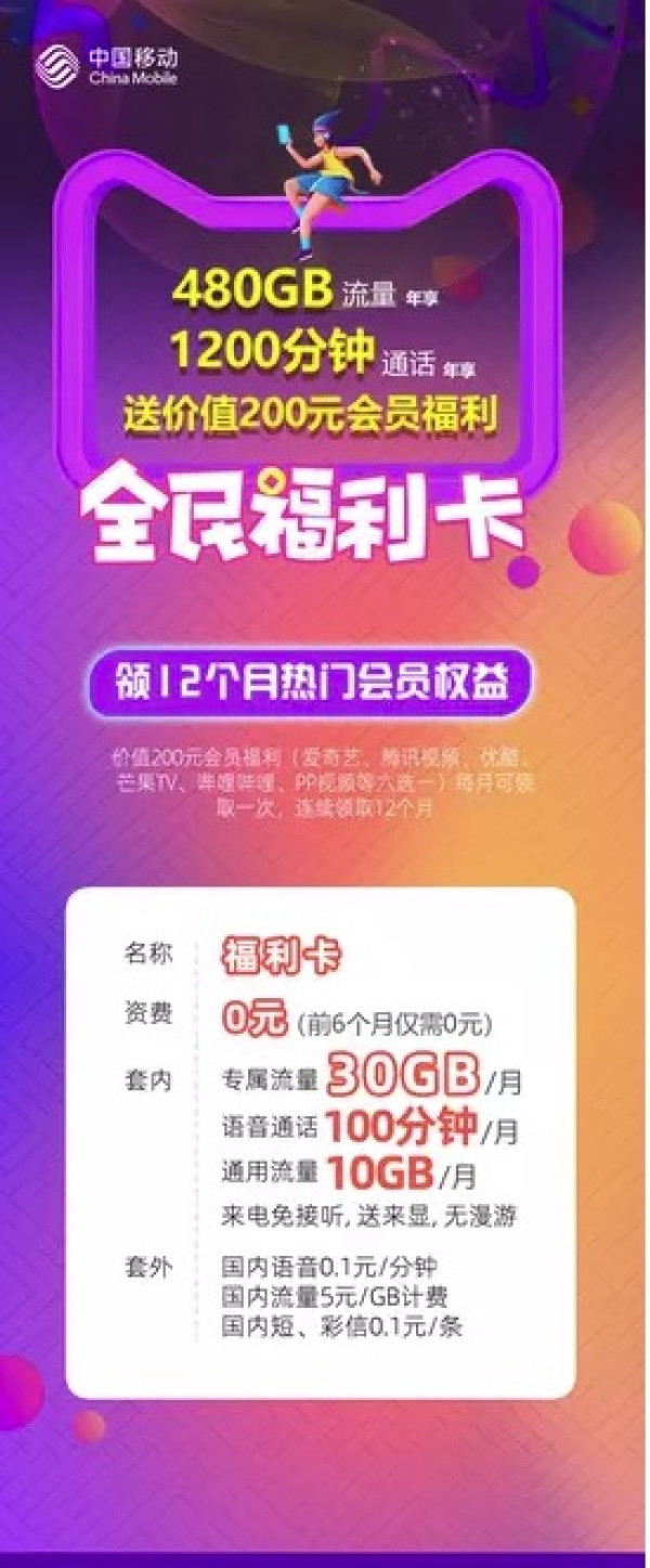 中国移动 福利卡（10G+30G+100分钟）