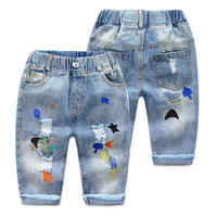 贝壳元素宝宝破洞牛仔裤 夏装新款男童童装儿童卡通七分裤kzc253 牛仔蓝 150CM
