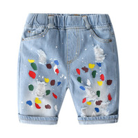 贝壳元素宝宝破洞牛仔裤 夏装新款男童童装儿童卡通五分裤kzc122 牛仔蓝 140cm