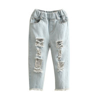 贝壳元素宝宝破洞牛仔裤 秋装新款女童童装儿童休闲长裤kzc035 牛仔蓝 120cm