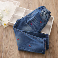 贝壳元素宝宝绣花牛仔裤 秋装新款女童童装儿童小脚裤长裤子kzb011 牛仔蓝 90cm