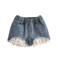 贝壳元素宝宝蕾丝边牛仔短裤 夏装新款女童童装儿童热裤子kzb141 牛仔蓝 130cm