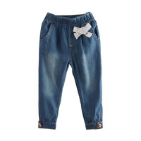 贝壳元素宝宝蝴蝶结牛仔裤 秋装新款女童童装牛仔裤长裤子kz9712 牛仔蓝 100cm