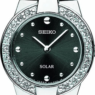 SEIKO 精工 SOLAR系列 SUP051 女士太阳能手表 22mm 黑盘 银色不锈钢带 圆形