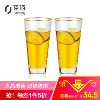 佳佰 玻璃杯套装 家用水杯 水晶耐热玻璃水杯果汁杯茶杯非保温杯 锤纹金边480ml 两支装