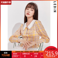 乐町设计感格纹衬衫上衣2020秋季新款黄格纹九分袖衬衫女宽松