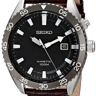 SEIKO 精工 Sport系列 SKA627 男士石英手表 44mm 黑盘 棕色皮革表带 圆形