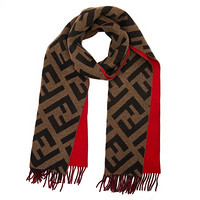 芬迪 FENDI 女士红色/棕色/黑色双面羊毛羊绒FF图案围巾 FXT324 AEOX F0ZC3