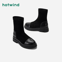 热风 hotwind女鞋2020年冬新款女士时尚休闲瘦瘦靴中跟黑色短靴女H82W0857
