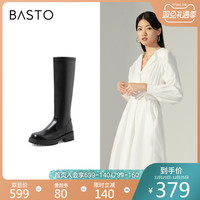 百思图20冬新款超火圆头后拉链粗跟加绒骑士靴女长筒靴MD705DG0