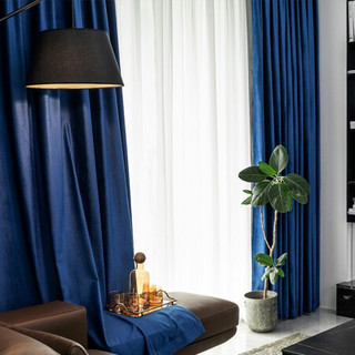 窗帘绒面轻奢遮光窗帘成品 客厅卧室落地窗阳台窗帘布 荷兰绒宝蓝色