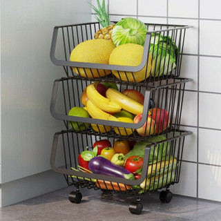 欧润哲 厨房置物架 多功能可移动收纳架浴室落地置物篮水果蔬菜杂物收纳篮 黑色3层