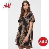HM 女装裙子春夏亚麻时尚气质宽松短裙白色V领连衣裙女 0743594
