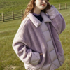 仿羊羔毛拼接棉衣女冬季韩版保暖舒适面包服外套女 M 灰紫色