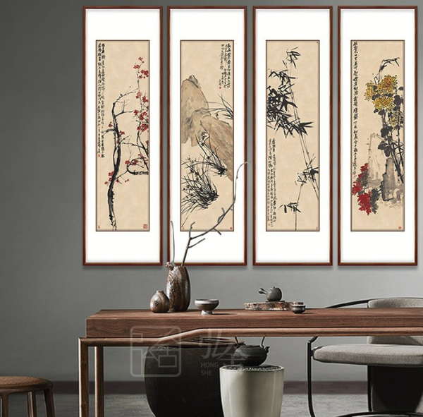 艺术品装饰字画四条屏壁画原作版画吴昌硕梅兰竹菊高145宽45cm