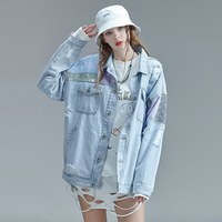 Guuka腰果花拼接破洞牛仔外套 情侣同款K3144