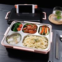 佳佰 304不锈钢饭盒 加大加深5格学生饭盒北欧饭盒密封便当盒带分隔配餐具 粉色 J1013-5F