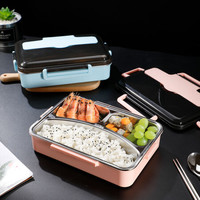 佳佰 304不锈钢饭盒 加大加深3格学生饭盒北欧饭盒密封便当盒带分隔送不锈钢筷勺 粉色 J1013-3F