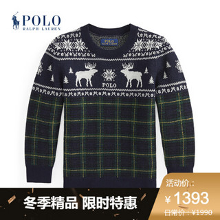 Ralph Lauren/拉夫劳伦男童 2020年秋季驯鹿图案格纹针织羊毛衫34537 400-蓝色 2/2T