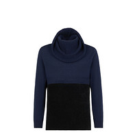Fendi芬迪男装多色羊毛和雪尼尔毛衣常规版型套衫，带大英式罗纹领 蓝色和黑色 46