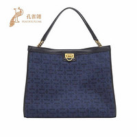 Ferragamo/菲拉格慕2020新款女包时尚经典织物牛皮TRIFOLIO手提袋 蓝色