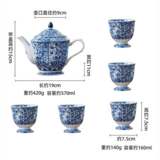 美浓烧日本进口一壶五杯茶具礼盒 手作青花瓷整套茶具茶壶高脚杯 一壶五杯礼盒