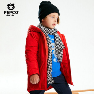 小猪班纳男童棉服冬季中长款连帽外套宝宝纯色保暖棉衣拉链衫 经典红 110cm
