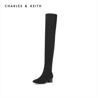 CHARLES＆KEITH过膝长靴CK1-90920058欧美绒面圆头粗跟高筒靴 Black黑色 35