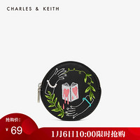 CHARLES＆KEITH女包CK6-30700986刺绣饰女士拉链零钱包 Black黑色 XXS