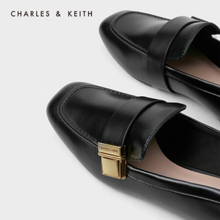 CHARLES＆KEITH2021春季CK1-70380818女士金属扣饰方头乐福鞋 Black黑色 37