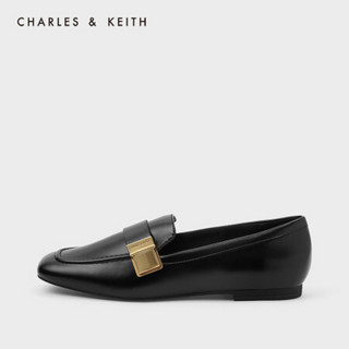 CHARLES＆KEITH2021春季CK1-70380818女士金属扣饰方头乐福鞋 Black黑色 37
