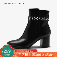 CHARLES&KEITH女靴女鞋冬季SL1-91680006金属铆钉饰拉链高跟短靴女 Black黑色 36